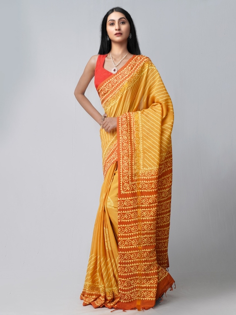 

Unnati Silks Yellow & Orange Striped Silk Blend Patola Saree