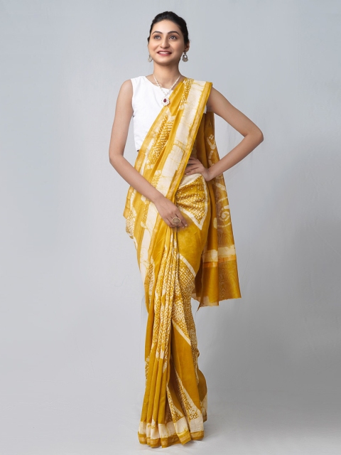 

Unnati Silks Yellow & White Batik Zari Silk Cotton Chanderi Saree