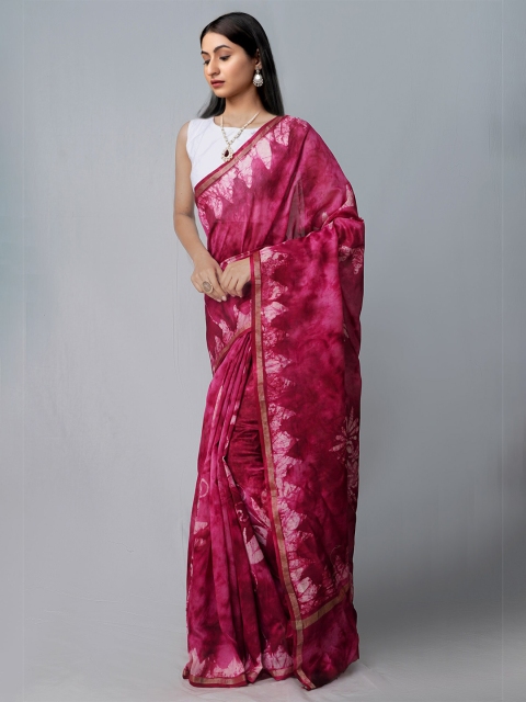 

Unnati Silks Fuchsia & Off-White Batik Handloom Sustainable Silk Cotton Chanderi Saree