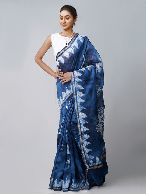 

Unnati Silks Blue & White Batik Zari Handloom Sustainable Silk Cotton Chanderi Saree