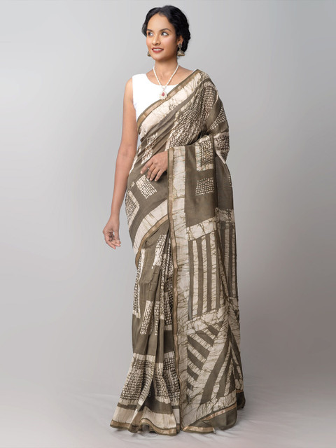 

Unnati Silks Green & White Batik Zari Silk Cotton Chanderi Saree