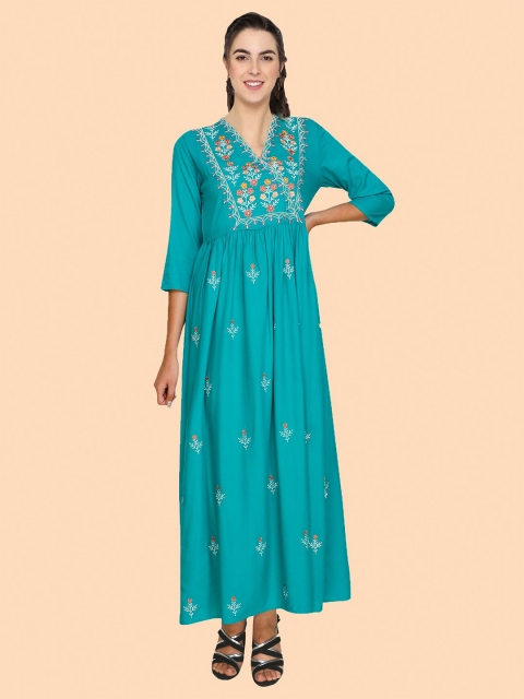 

shashvi Women Teal Embroidered Thread Work Floral Anarkali Kurta