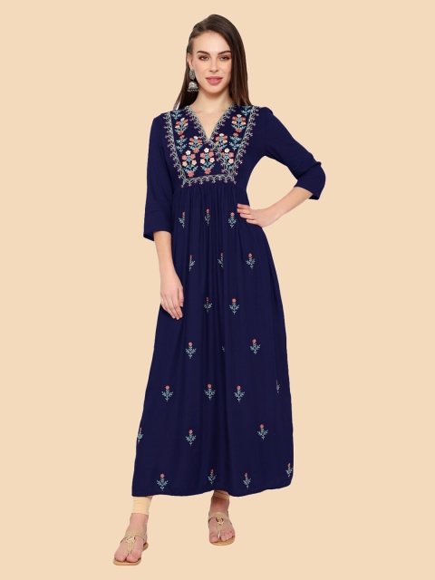 

shashvi Women Navy Blue Floral Embroidered Thread Work Anarkali Kurta