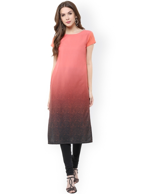 

Janasya Women Coral Pink Ombre-Dye Print Straight Kurta