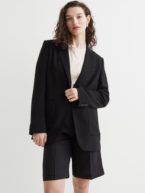

H&M Women Black Single-Breasted Linen-Blend Jacket
