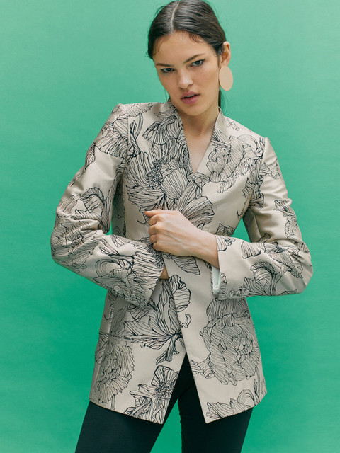 

H&M Women Beige & Black Floral Jacquard-Weave Jacket