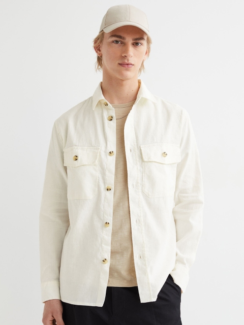 

H&M Men White Regular Fit Linen-Blend Overshirt