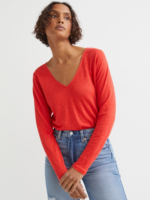 

H&M Women Red Solid V-neck Long-Sleeved Linen Jersey Top