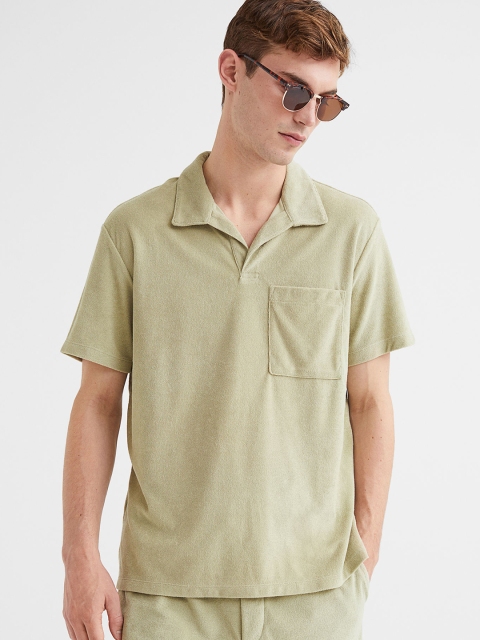 

H&M Men Green Solid Regular Fit Terry Polo Shirt