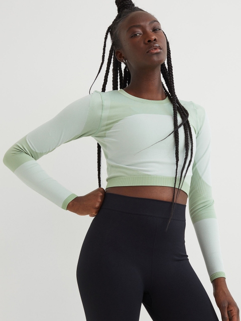 

H&M Women Green Colorblocked Cropped Seamless Sports Top