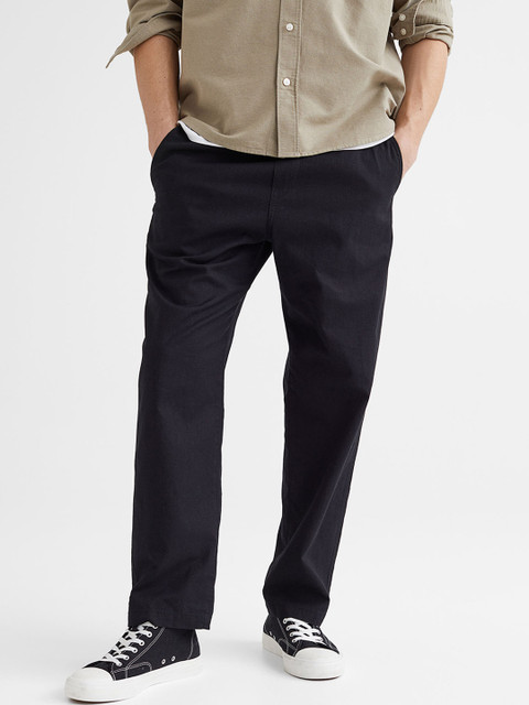 

H&M Men Black Solid Relaxed Fit Linen-Blend Joggers