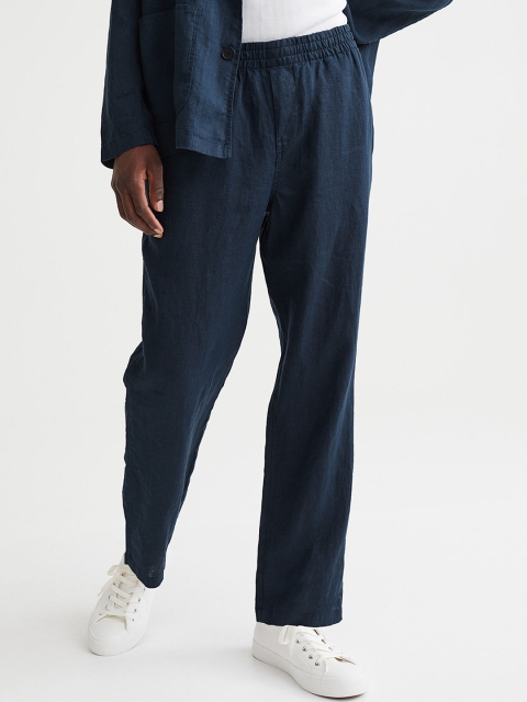 

H&M Men Navy Blue Regular Fit Linen Trousers