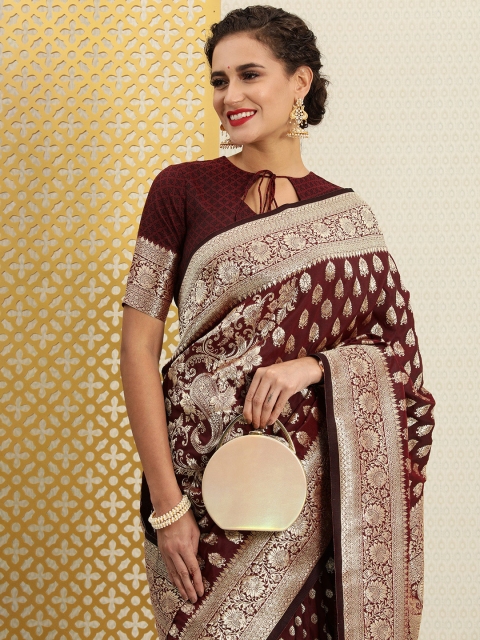

House of Pataudi Maroon & Gold-Toned Ethnic Motifs Zari Silk Blend Banarasi Saree