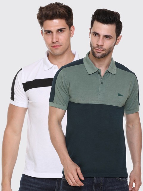 

Obaan Men Green & White Colourblocked Pack of 2 Polo Collar T-shirt