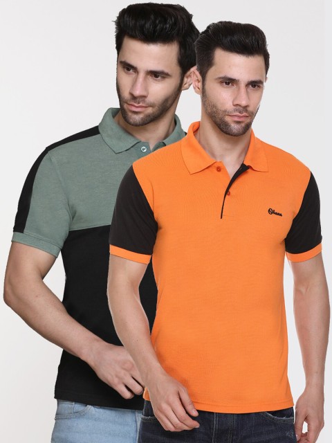 

Obaan Men Pack Of 2 Orange & Olive Green 2 Colourblocked Polo Collar T-shirt