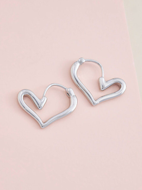 

Kushal's Fashion Jewellery Silver-Toned Rhodium-Plated Heart Shaped Studded Hoop Earrings