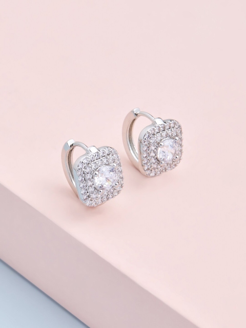

Kushal's Fashion Jewellery Silver-toned & White Rhodium-Plated CZ Square Hoop Earrings