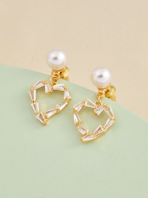 

Kushal's Fashion Jewellery Gold-Toned & White Heart Shaped Drop Earrings
