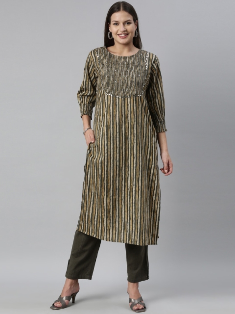 

Neerus Women Green Striped Pleated Mirror Work Pure Cotton Kurti with Trousers