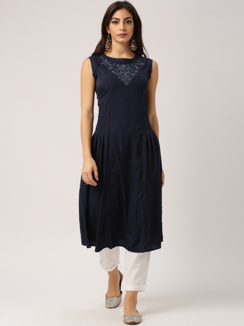 

all about you Navy Embroidered A-line Kurta, Navy blue