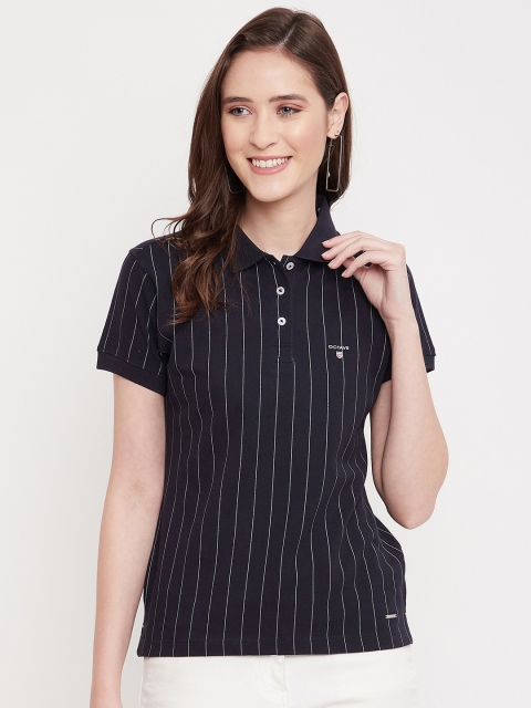 

Octave Women Navy Blue Striped Polo Collar 100% Cotton T-shirt