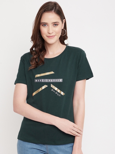 

Octave Women Green Typography Printed Pure Cotton T-shirt