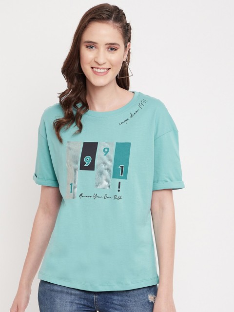 

Octave Women Green Printed Drop-Shoulder Sleeves Pure Cotton T-shirt