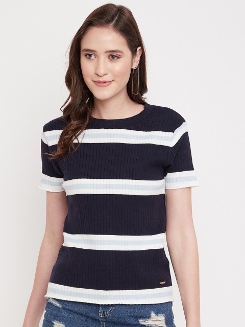 

Octave Women Navy Blue Striped 100% Cotton T-shirt