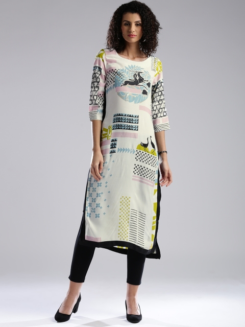

W Women White Printed Straight Kurta