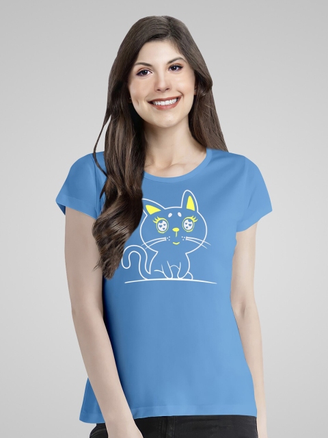 

Pootlu Women Blue Typography Printed Extended Sleeves T-shirt