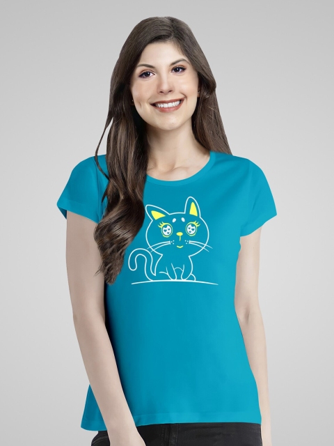 

Pootlu Women Turquoise Blue Typography Printed Extended Sleeves T-shirt