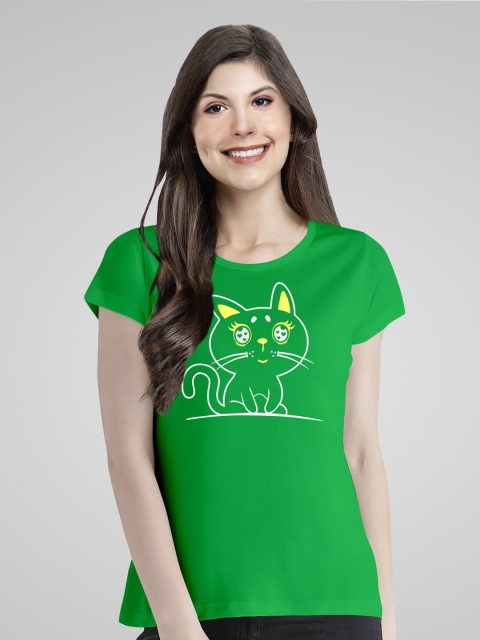 

Pootlu Women Green Typography Printed Extended Sleeves T-shirt