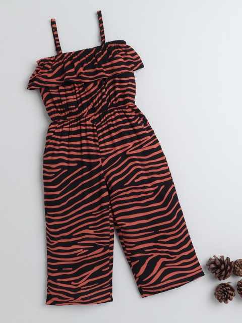 

taffykids Girls Black & Rust Animal Printed Ruffled Basic Jumpsuit