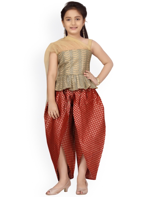 

Aarika Girls Beige & Red Embellished Pure Silk Kurta with Dhoti Pants