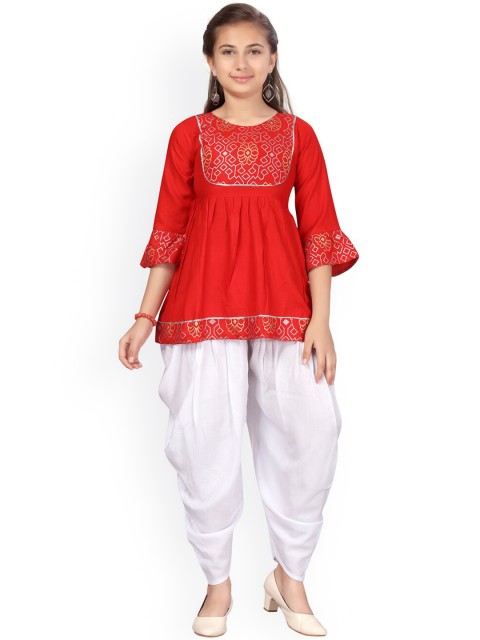 

Aarika Girls Red Printed Pure Cotton Kurti with Dhoti Pants