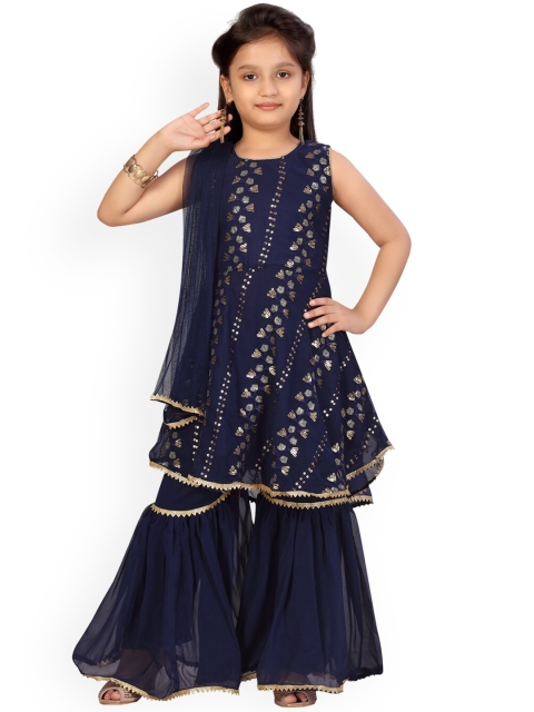 

Aarika Girls Navy Blue Floral Embroidered Panelled Beads and Stones Kurta with Sharara