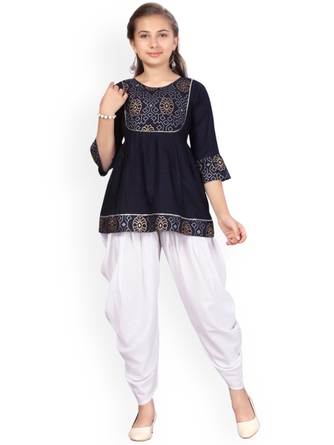 

Aarika Girls Navy Blue Layered Pure Cotton Kurti with Dhoti Pants
