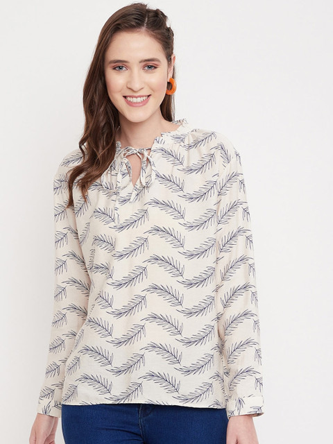 

Octave Cream-Coloured & Blue Print Tie-Up Neck Top