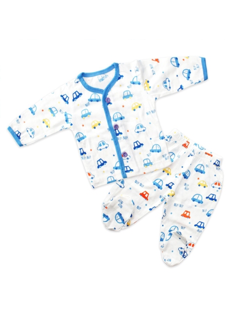 

Born Babies Kids Blue & White Printed Cotton Blend Clothing Set