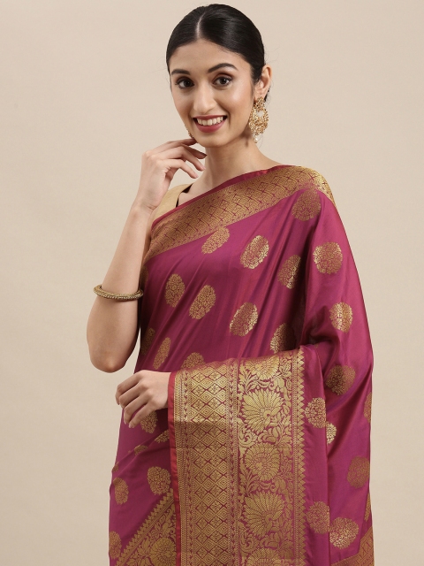 

Mitera Magenta & Golden Ethnic Motifs Woven Design Zari Banarasi Saree
