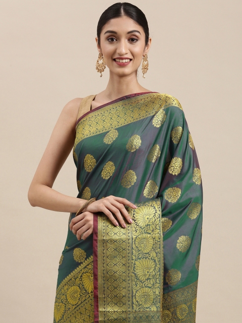 

Mitera Teal & Golden Ethnic Motifs Woven Design Zari Banarasi Saree