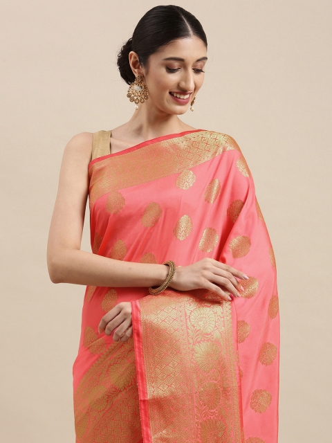 

Mitera Peach-Coloured & Golden Ethnic Motifs Woven Design Zari Banarasi Saree