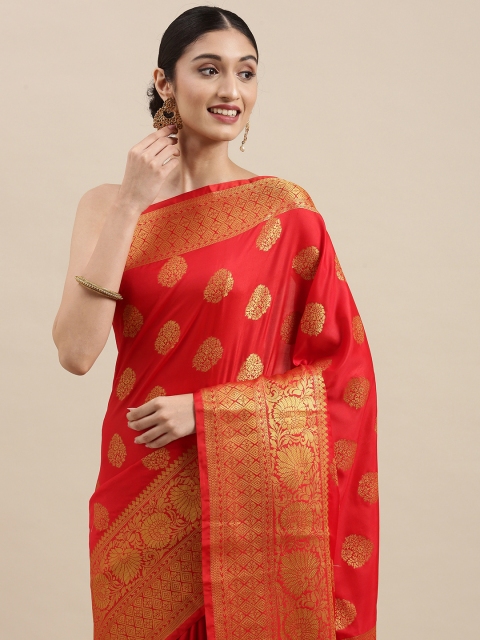 

Mitera Red & Golden Ethnic Motifs Woven Design Zari Banarasi Saree