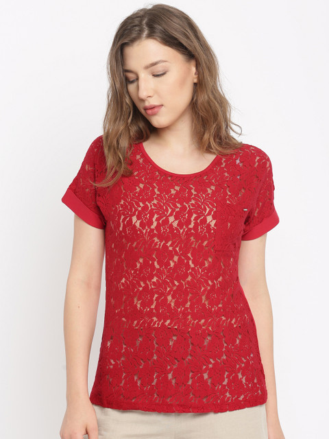 

ONLY Women Red Lace Pure Cotton Top