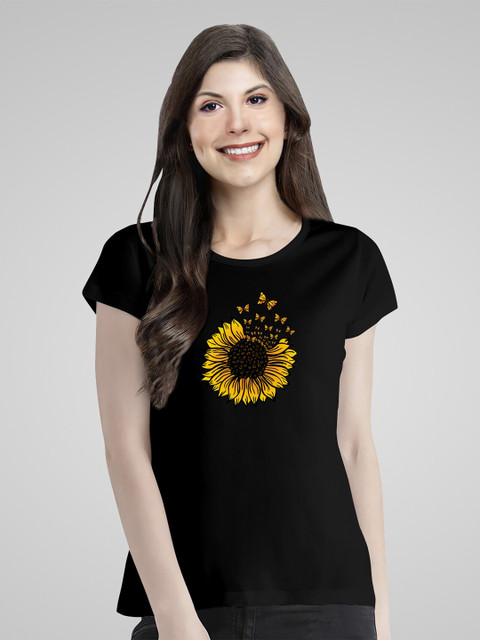 

Pootlu Women Black Floral Printed Extended Sleeves T-shirt