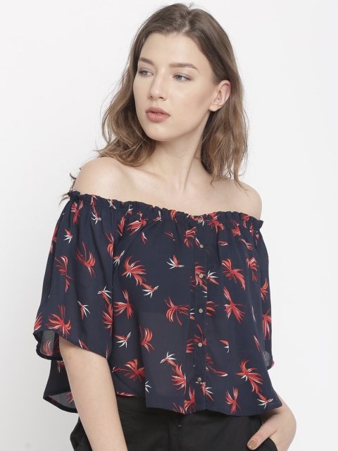 

ONLY Women Navy Printed Bardot Top, Navy blue