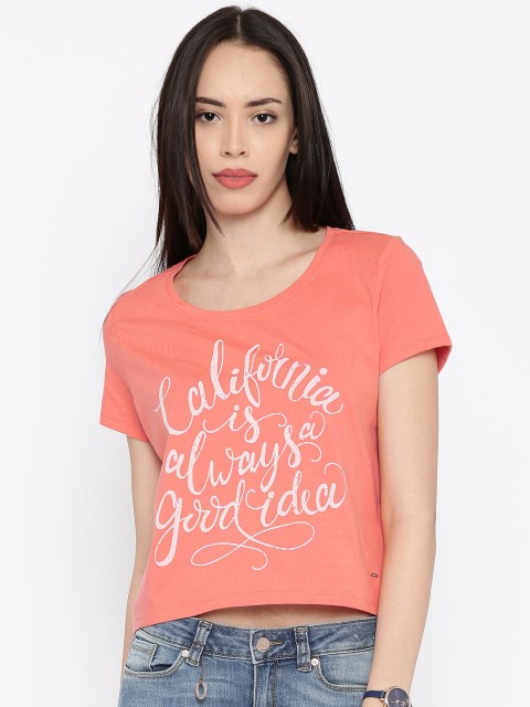 

ONLY Women Peach-Coloured Printed Round Neck Crop T-shirt