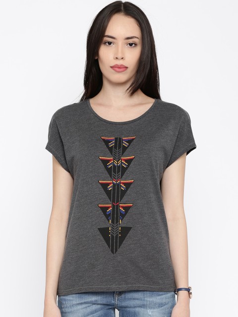 

ONLY Women Grey Melange Printed Round Neck T-shirt