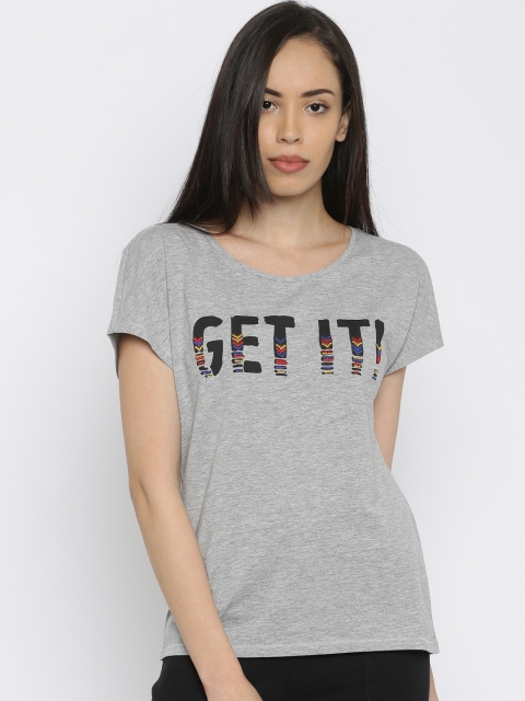 

ONLY Women Grey Melange Printed Round Neck T-shirt