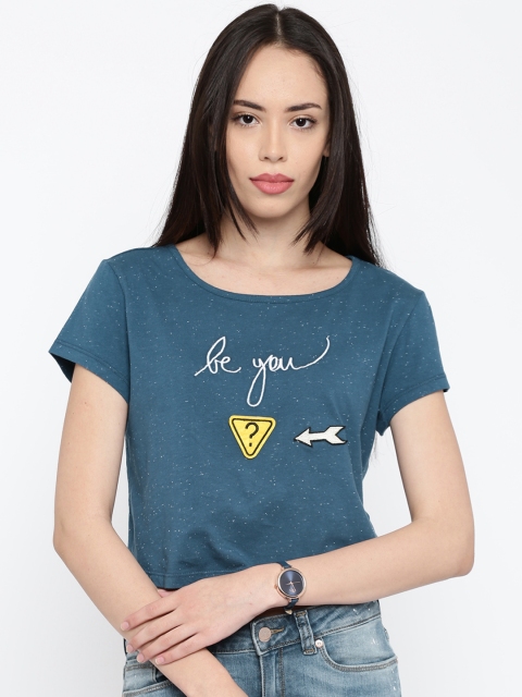 

ONLY Women Blue Self-Design Round Neck Crop T-shirt